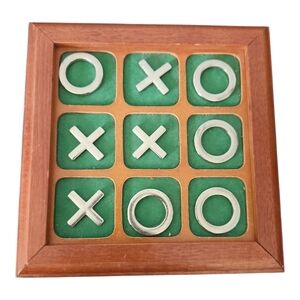 Vintage Wooden Tic-Tac-Toe Game Set | Mid-Century Green Felt Board XOXO Decor